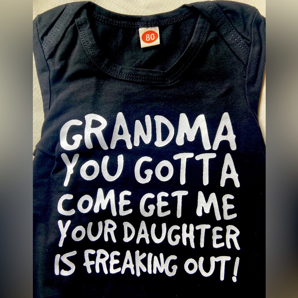 Funny onesie shipped from France.EU 80 = 12 months.Only out of package for photo